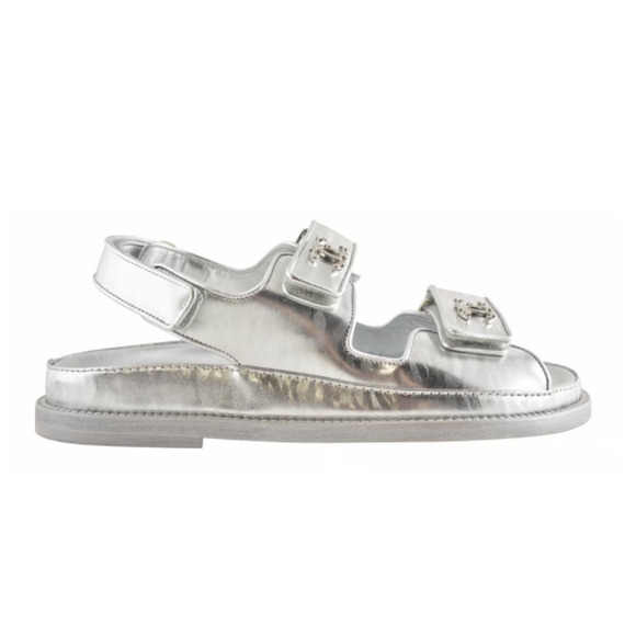 Chanel 22C Silver Laminated Star CC Logo Mule Slide Strap Flat Dad Sandal 35.5 - Picture 1 of 12
